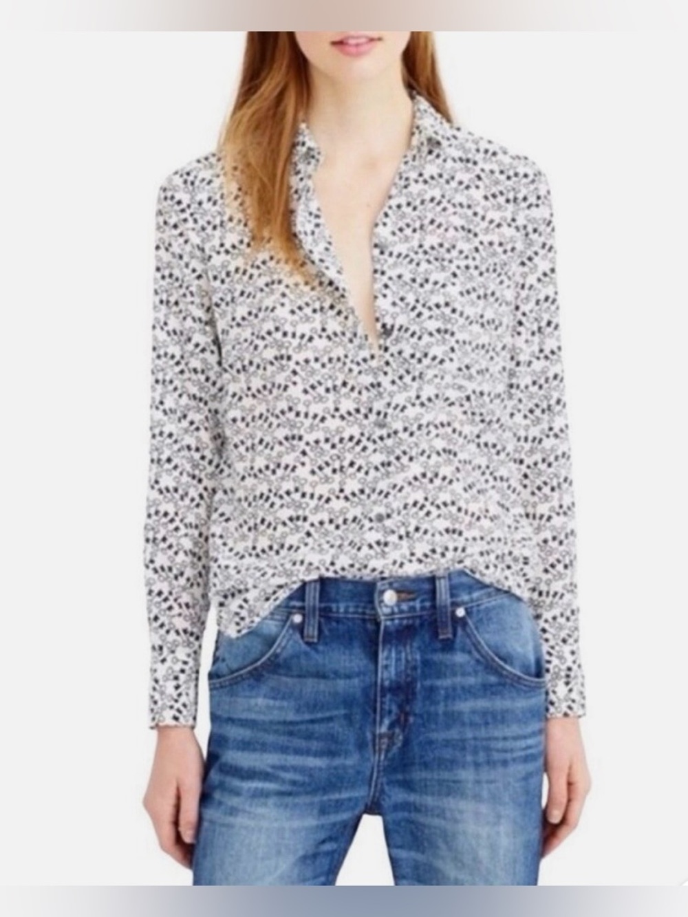 J. Crew White Button-Down Shirt with Black Floral Print